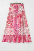 Red Boho Pattern Print Tassel Drawstring Elastic Waistband Maxi Skirt- Women