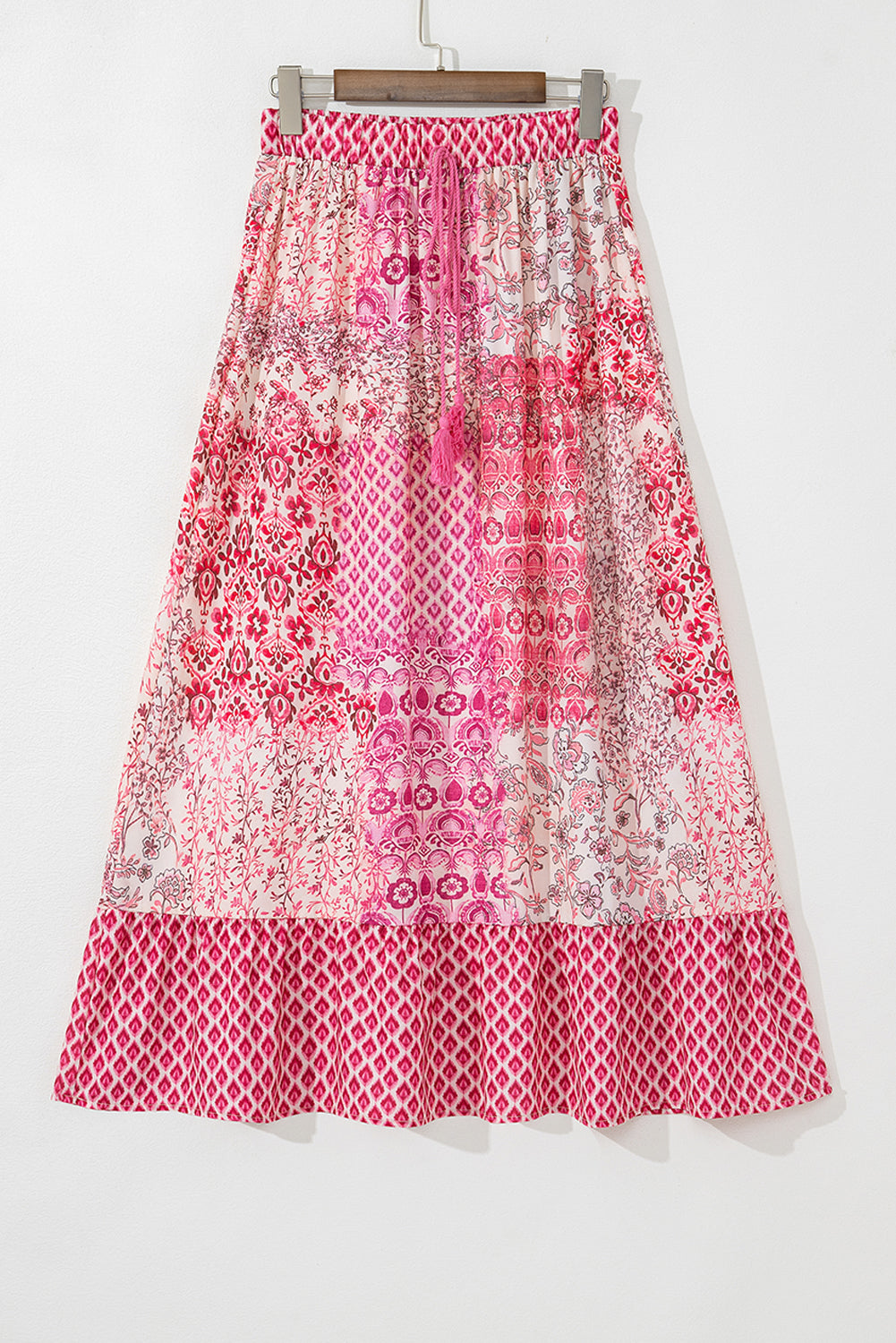 Red Boho Pattern Print Tassel Drawstring Elastic Waistband Maxi Skirt- Women