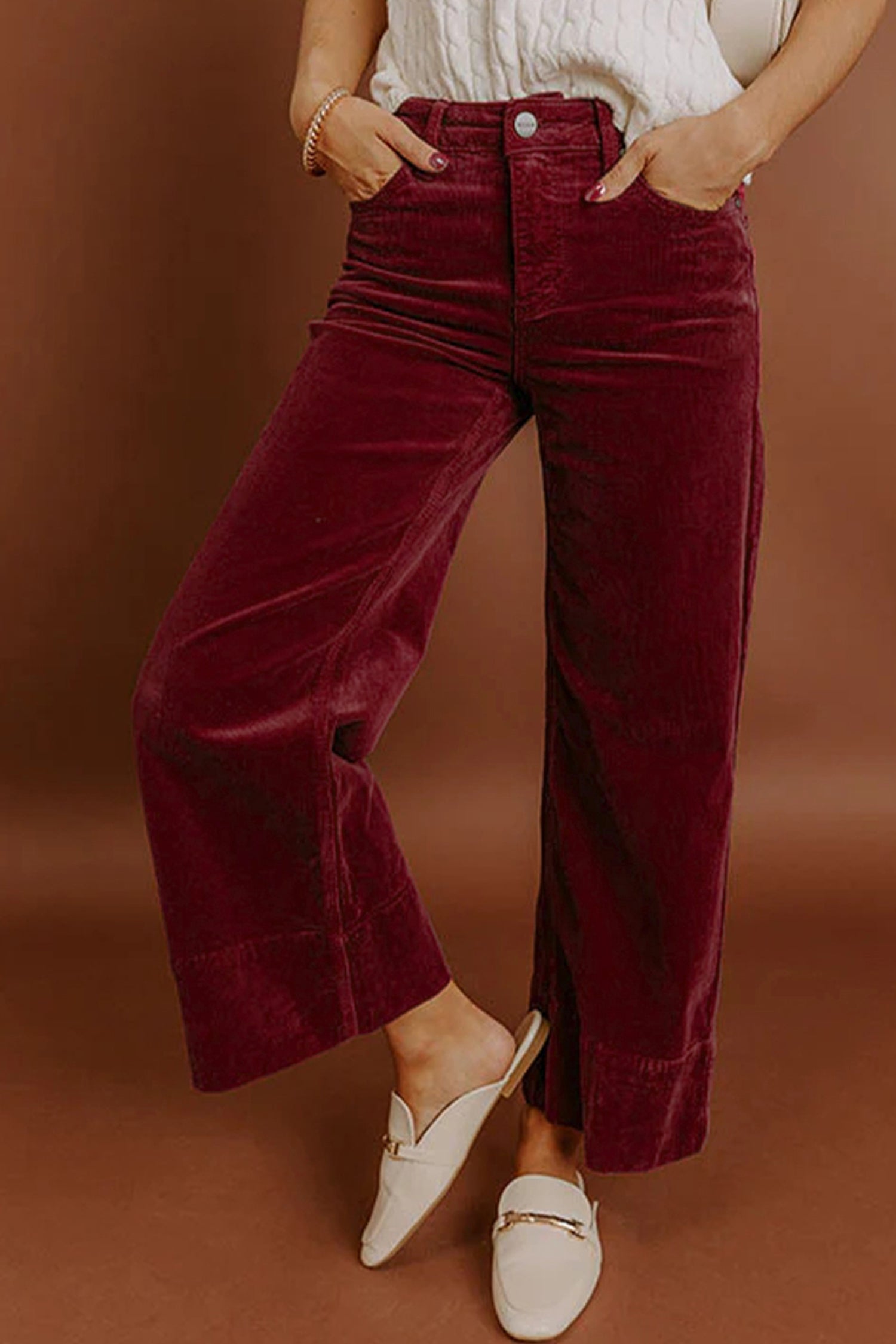 Burgundy Corduroy Solid Color High Waist Wide Leg Pants- Women Burgundy 98%Cotton+2%Elastane