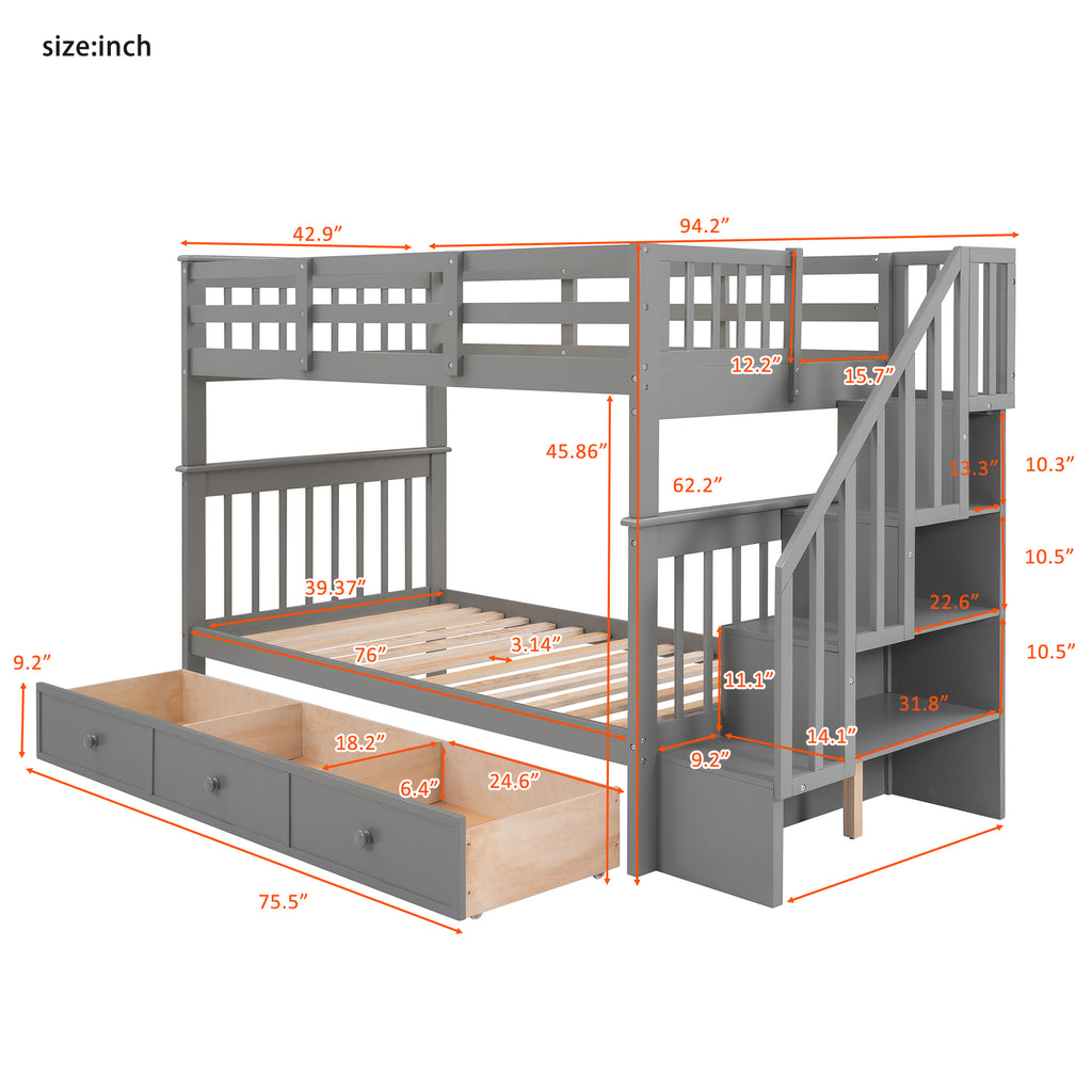Hearth & Haven Twin over Twin Bunk Bed with Stairway and Three Drawers