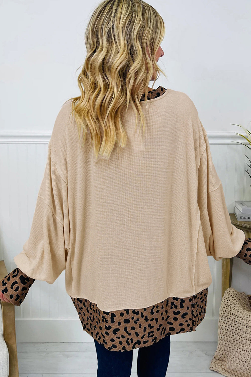Beige Contrast Leopard Star Patchwork Detail Raw Seam Baggy Sweatshirt- Women