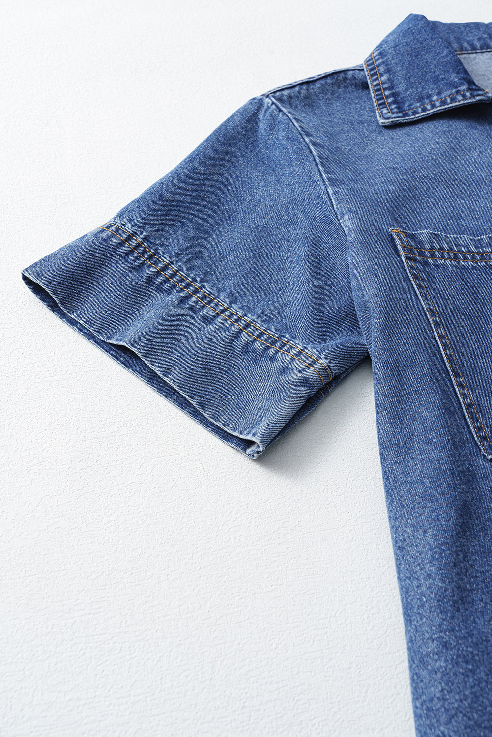 Blue Short Sleeve Collared Patched Pocket Denim Mini Dress- Women