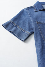 Blue Short Sleeve Collared Patched Pocket Denim Mini Dress- Women