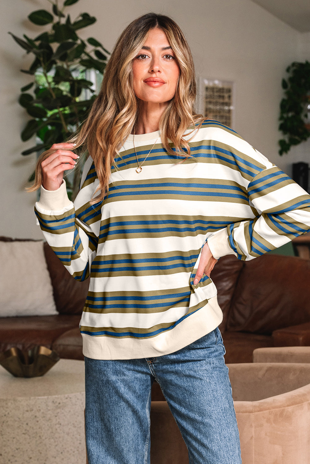 Khaki Stripe Crew Neck Drop Shoulder Pullover Sweatshirt- Women Khaki Stripe 100%Polyester