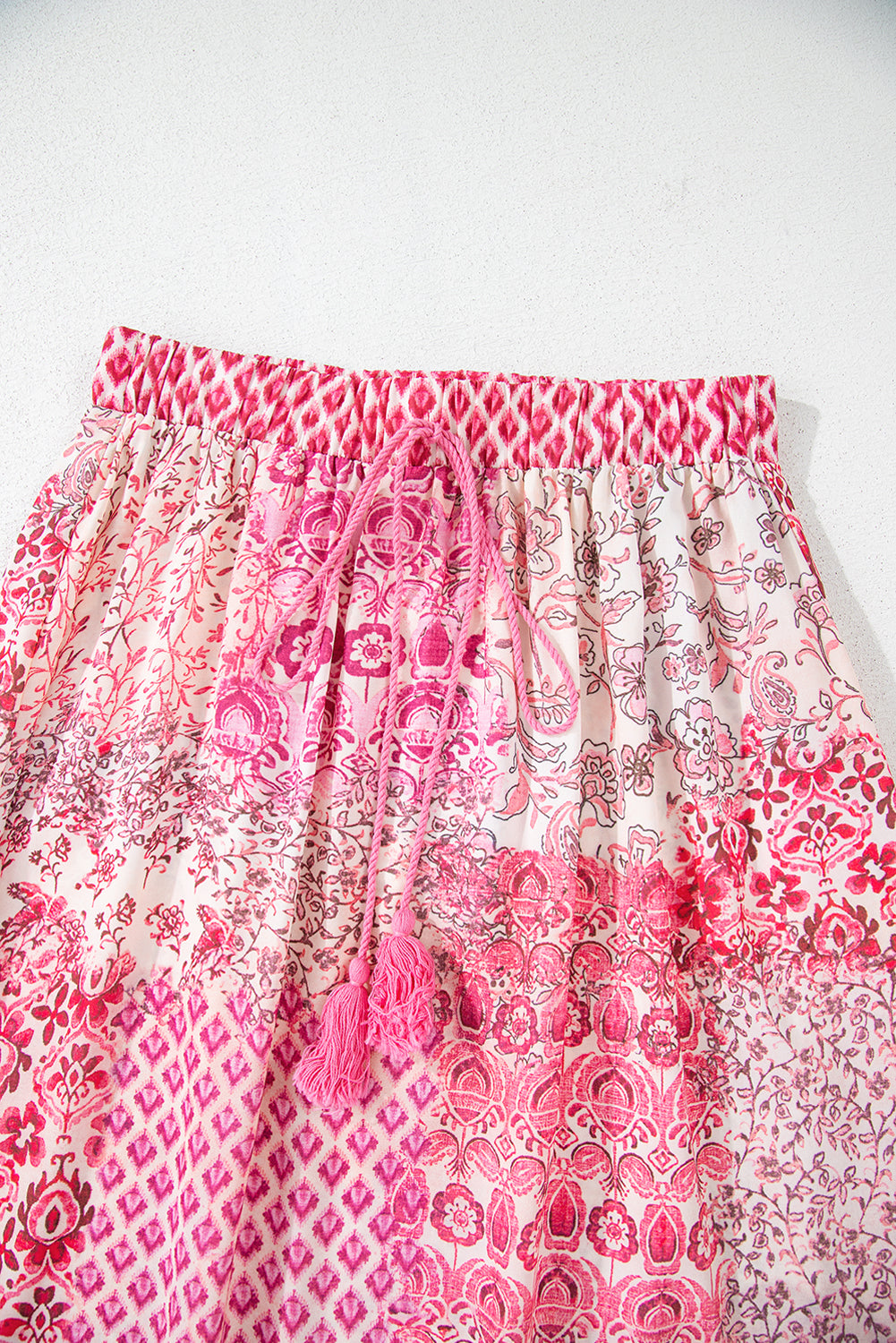 Red Boho Pattern Print Tassel Drawstring Elastic Waistband Maxi Skirt- Women