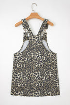 Gray Leopard Print Pocketed Loose Fit Denim Overall Dress- Women