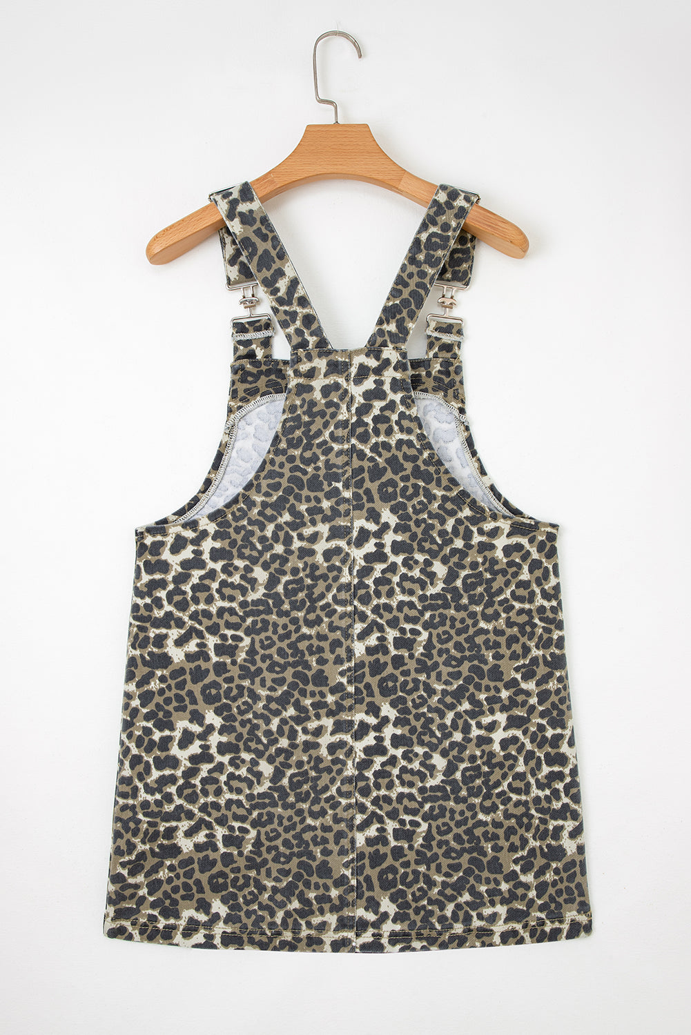 Gray Leopard Print Pocketed Loose Fit Denim Overall Dress- Women