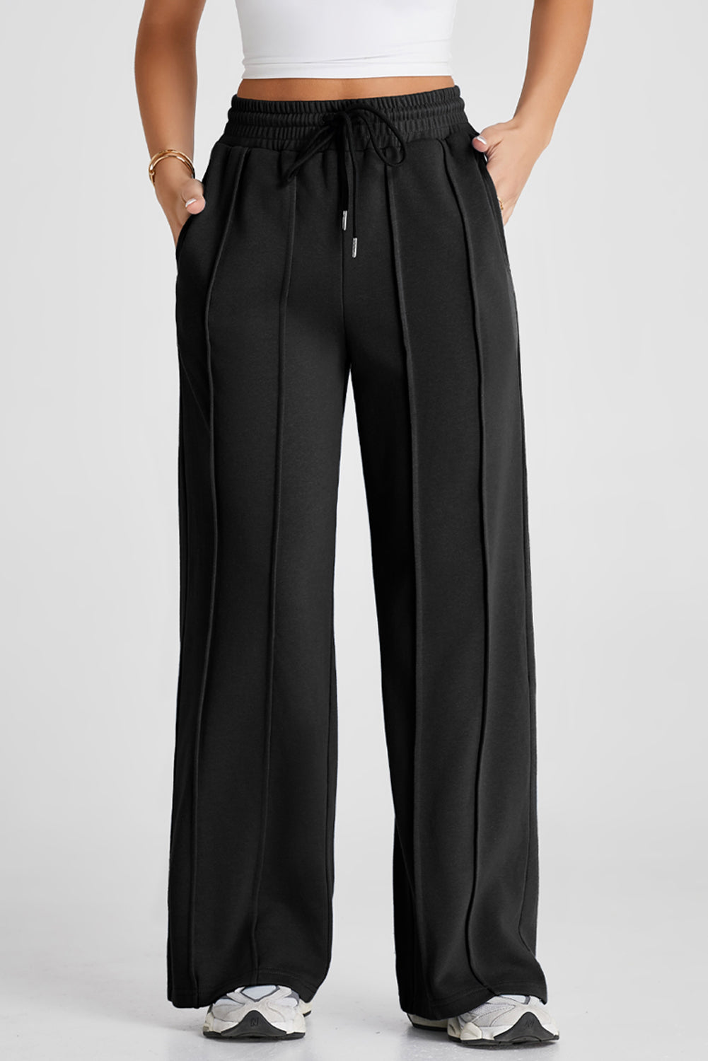 Black Seamed Drawstring High Waist Wide Leg Sweatpants- Women Black 65%Polyester+35%Cotton