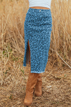 Sky Blue Leopard Denim Frayed Split Denim Midi Skirt- Women