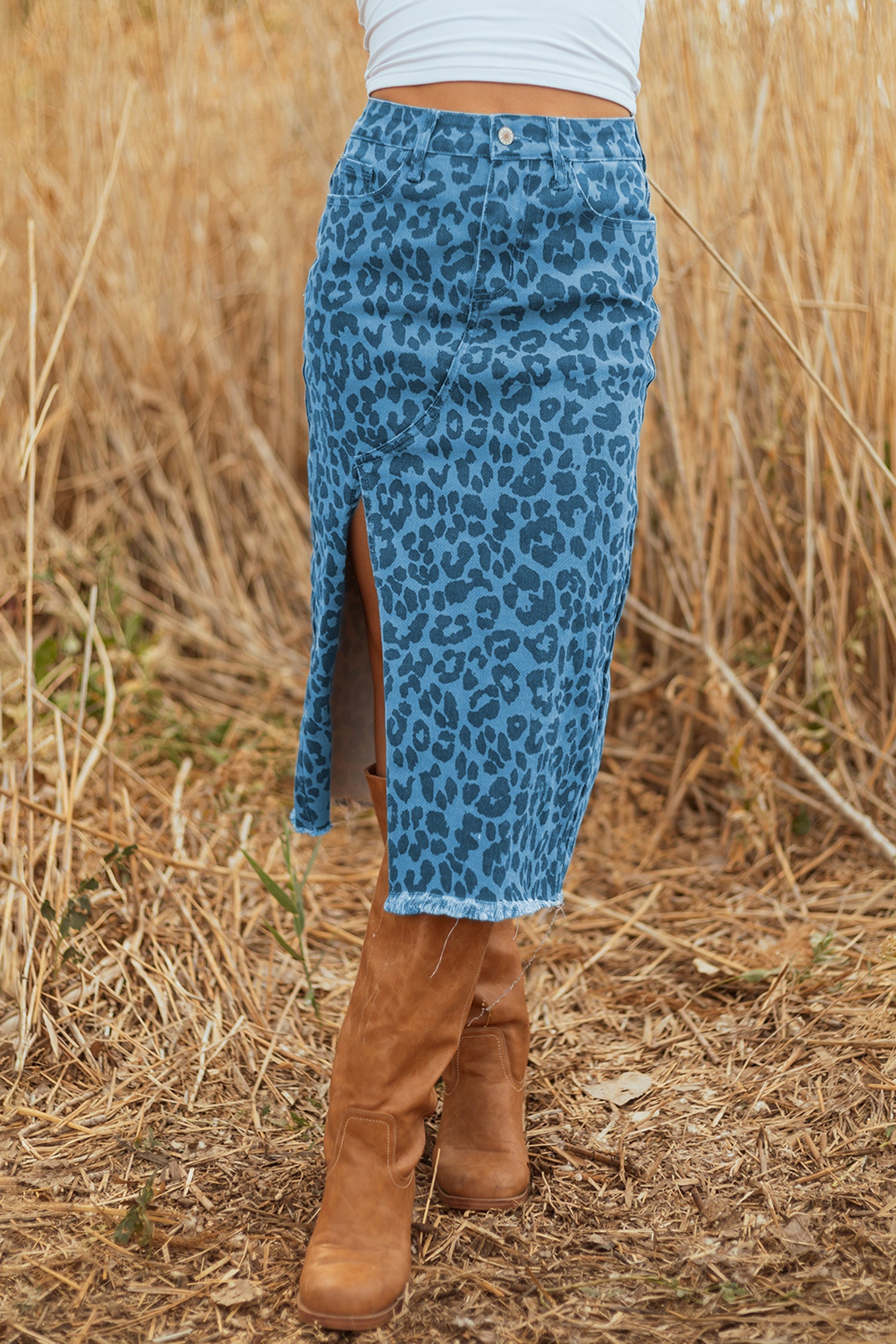 Sky Blue Leopard Denim Frayed Split Denim Midi Skirt- Women