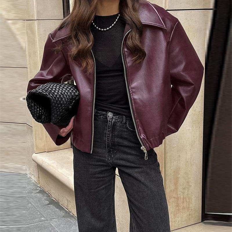 Vintage Style Women's Solid Color Faux Leather Jacket, Zip-Up Biker Jacket With Lapel Collar Casual Coat Wine Red