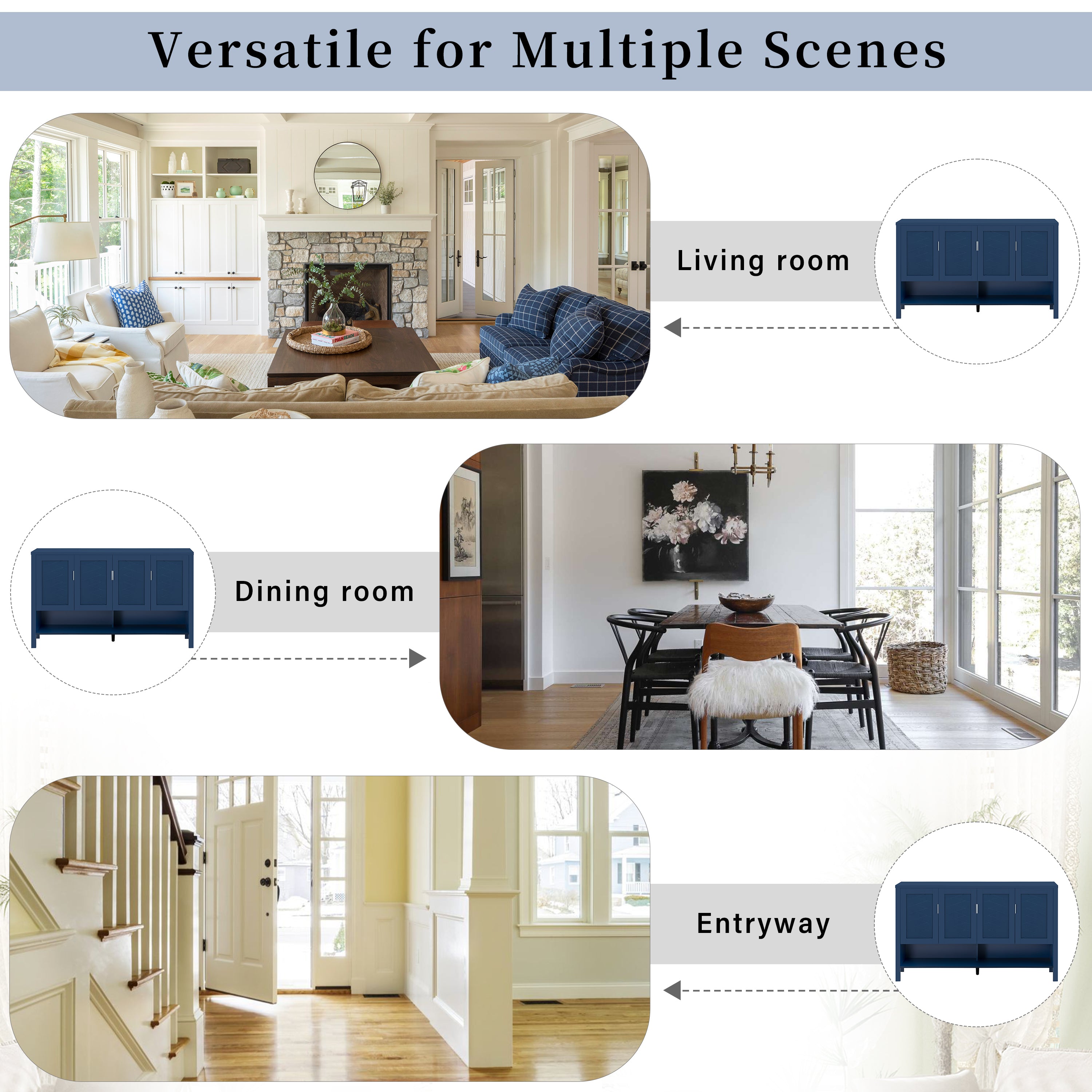 U_STYLE 55.1''Storage Sideboard with 4-Doors,Multi Functional Buffet with Open Shelf and 2-Tiers Adjustable Shelves,Modern Cabinet with Double Hooks,Suitable for Living Room, Hallway, Dining,Office.