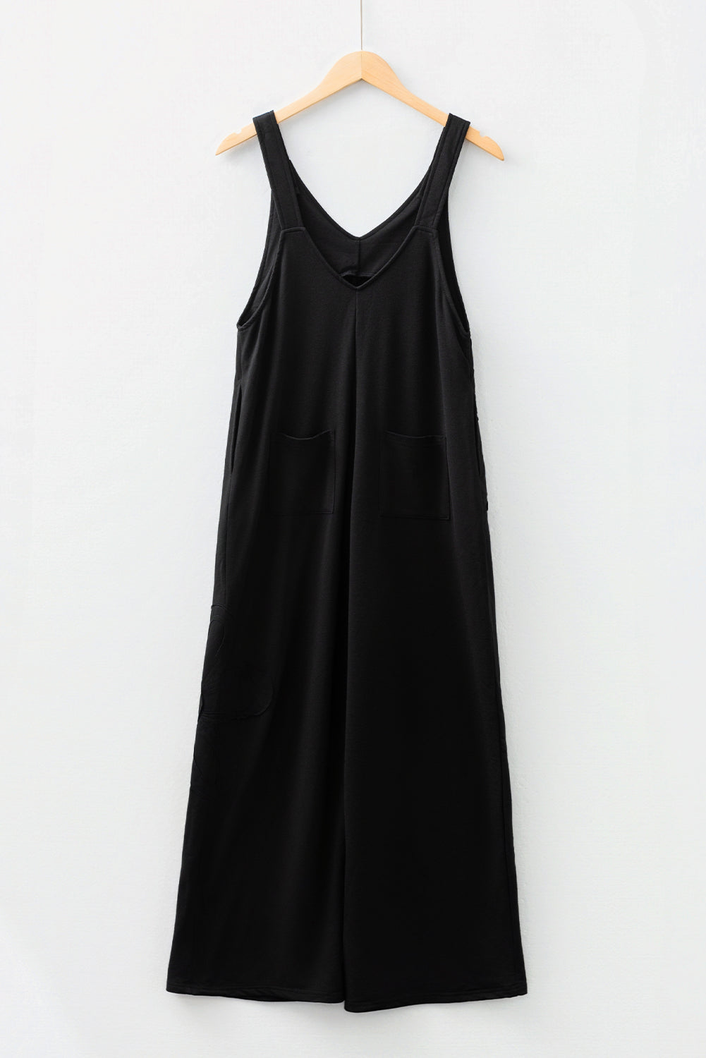 Black Solid Color Raw Seam Big Flower Patched Loose Overall Jumpsuit- Women