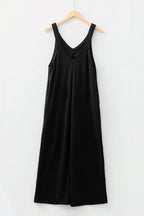 Black Solid Color Raw Seam Big Flower Patched Loose Overall Jumpsuit- Women