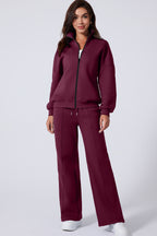 Burgundy Drop Shoulder Zip Up Jacket Drawstring Pants Active 2pcs Set- Women