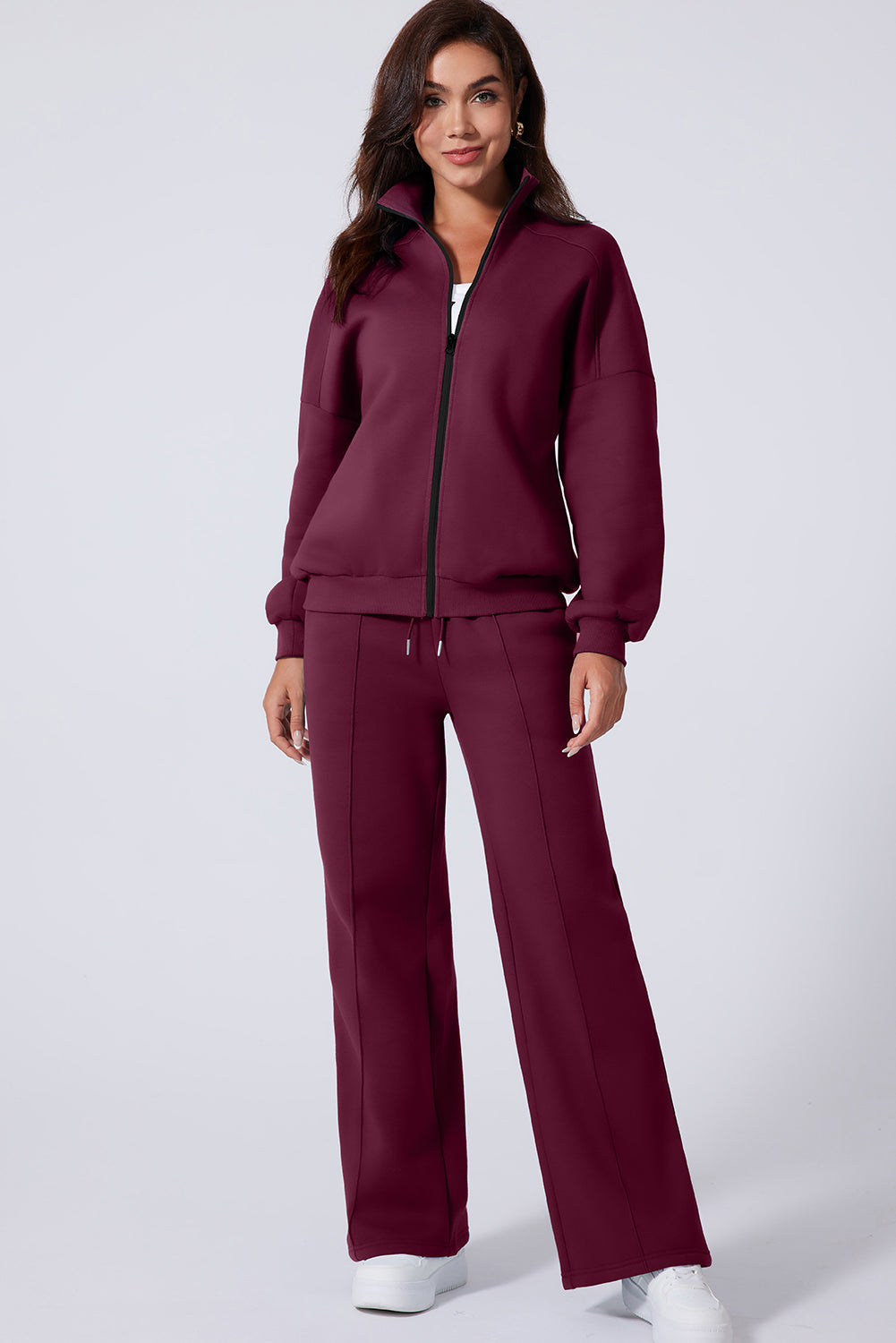 Burgundy Drop Shoulder Zip Up Jacket Drawstring Pants Active 2pcs Set- Women