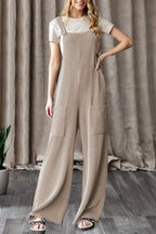 Parchment Ribbed Knit Patched Pocket Wide Leg Overalls- Women Parchment 75%Polyester+20%Viscose+5%Elastane