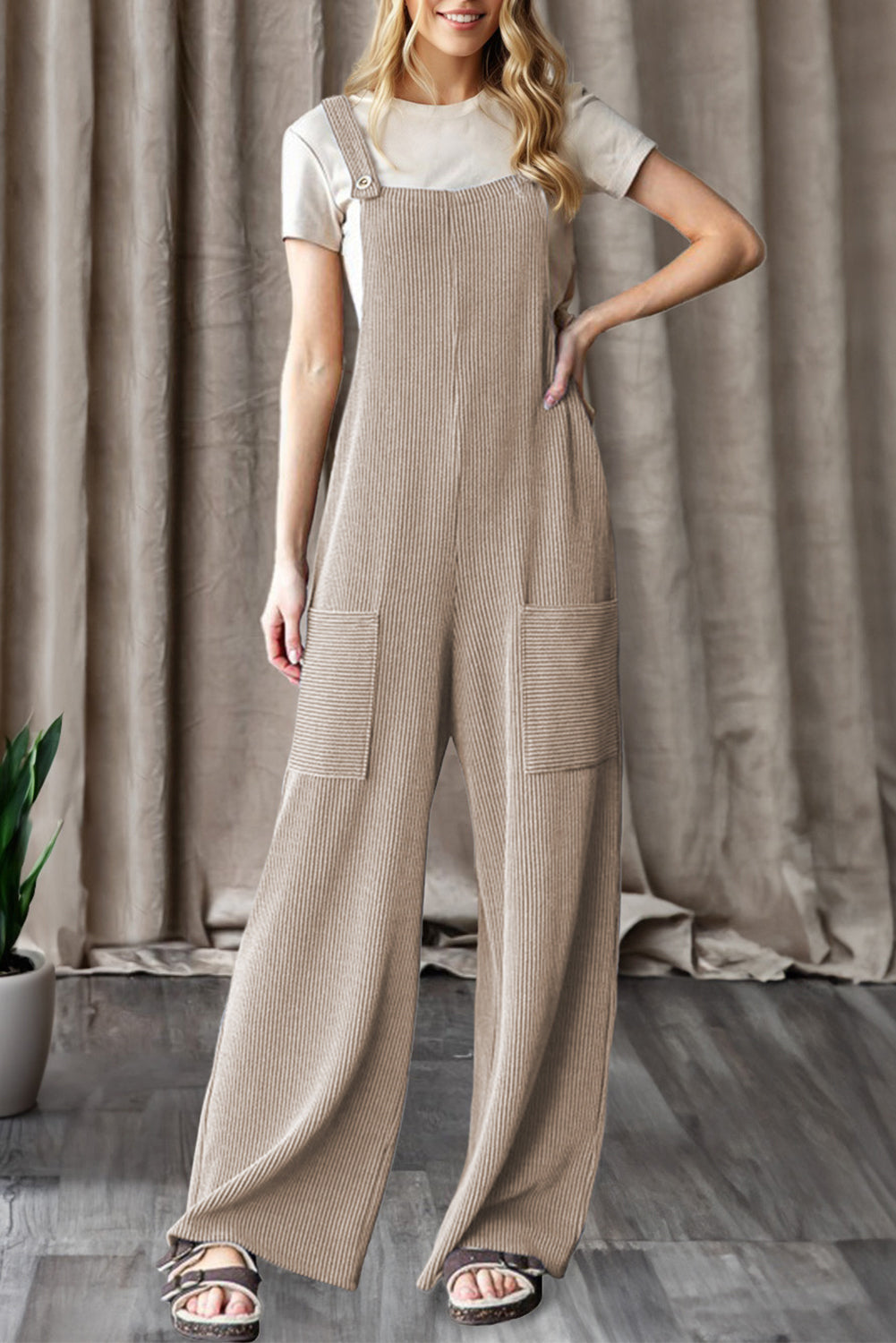 Parchment Ribbed Knit Patched Pocket Wide Leg Overalls- Women Parchment 75%Polyester+20%Viscose+5%Elastane