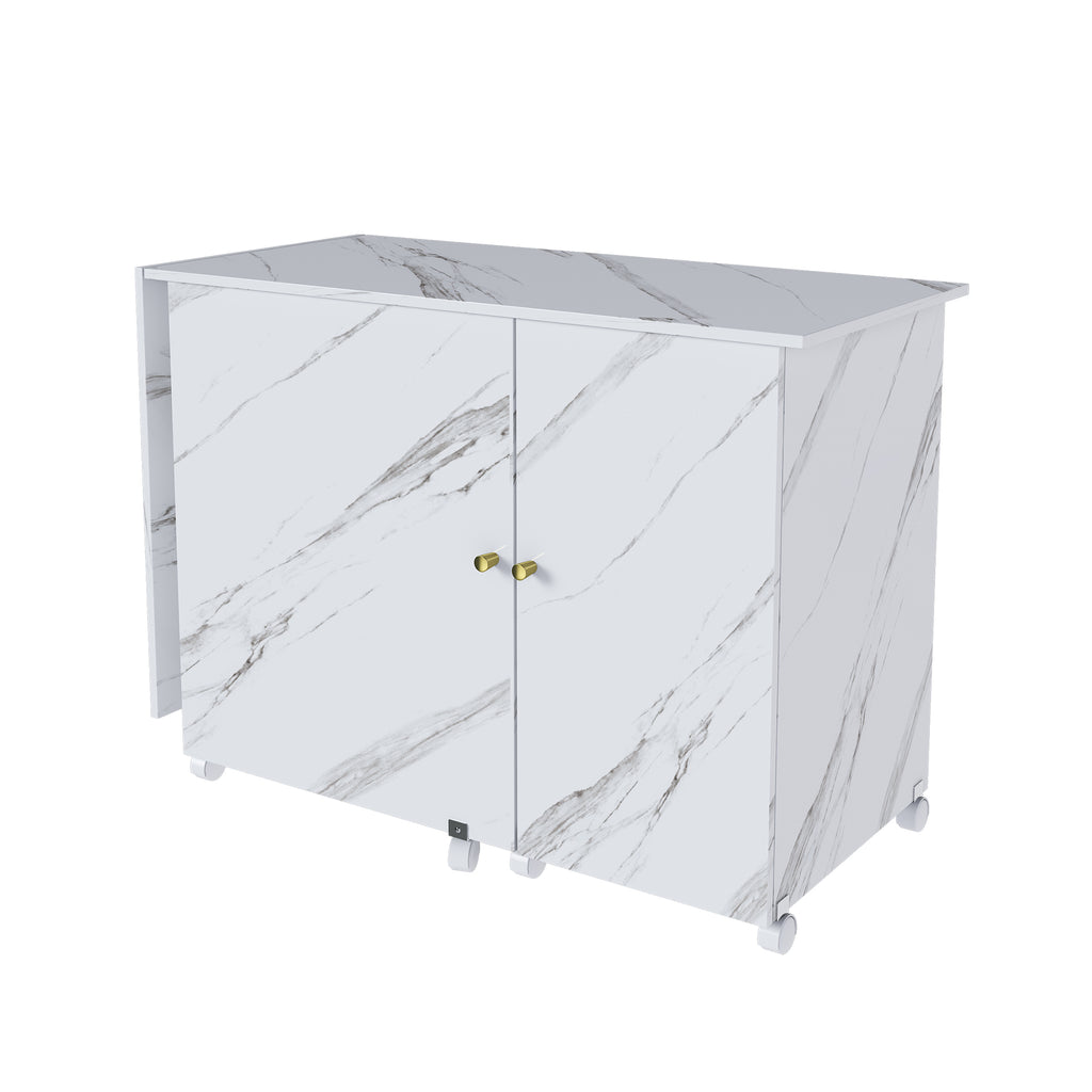 57.5' Foldable Sewing Machine Table with Locking Casters, Multi-Storage Craft Station with Shelves, Bins & Cabinet, Adjustable Sewing Cabinet for Home, Bedroom, and Craft Room(White)