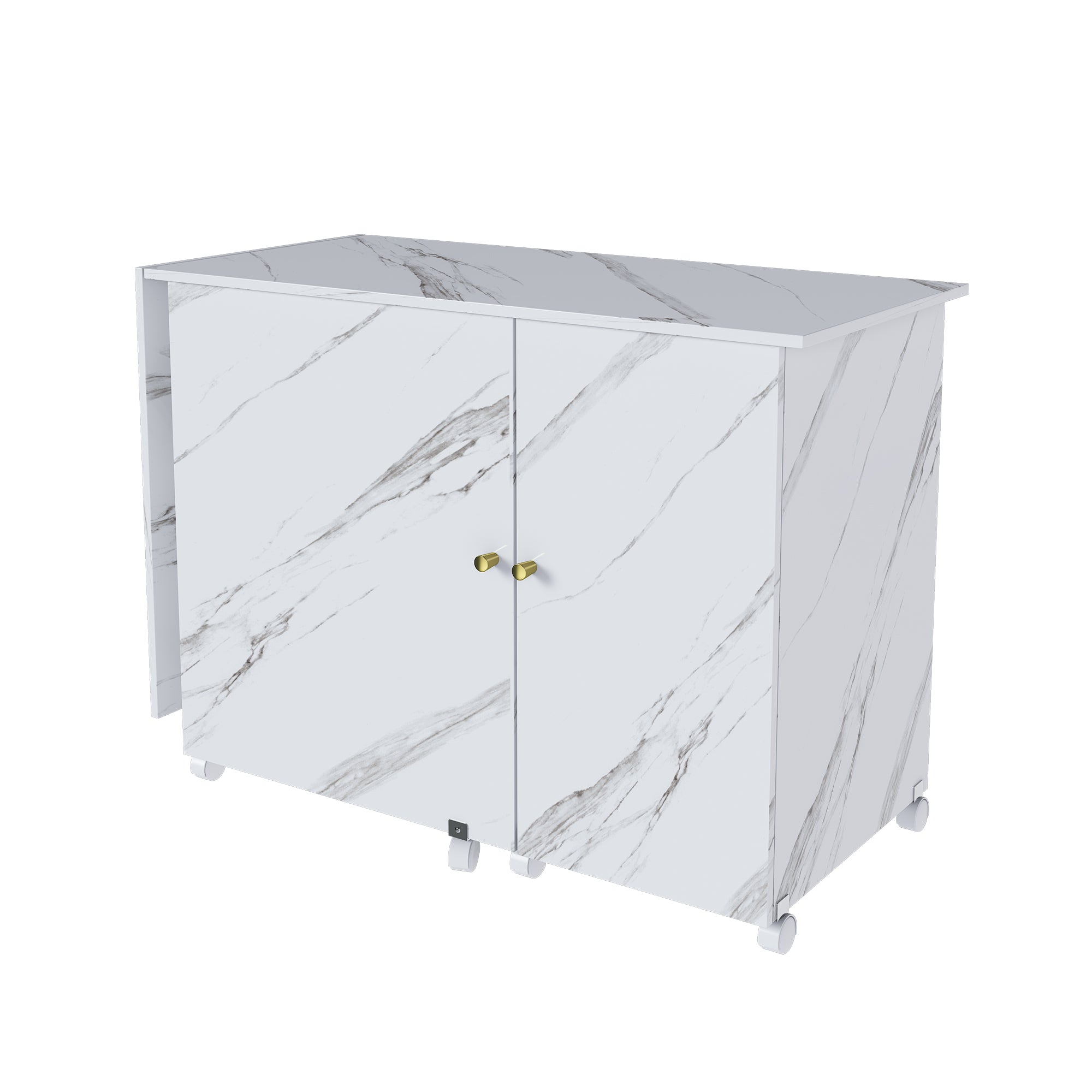 57.5' Foldable Sewing Machine Table with Locking Casters, Multi-Storage Craft Station with Shelves, Bins & Cabinet, Adjustable Sewing Cabinet for Home, Bedroom, and Craft Room(White)