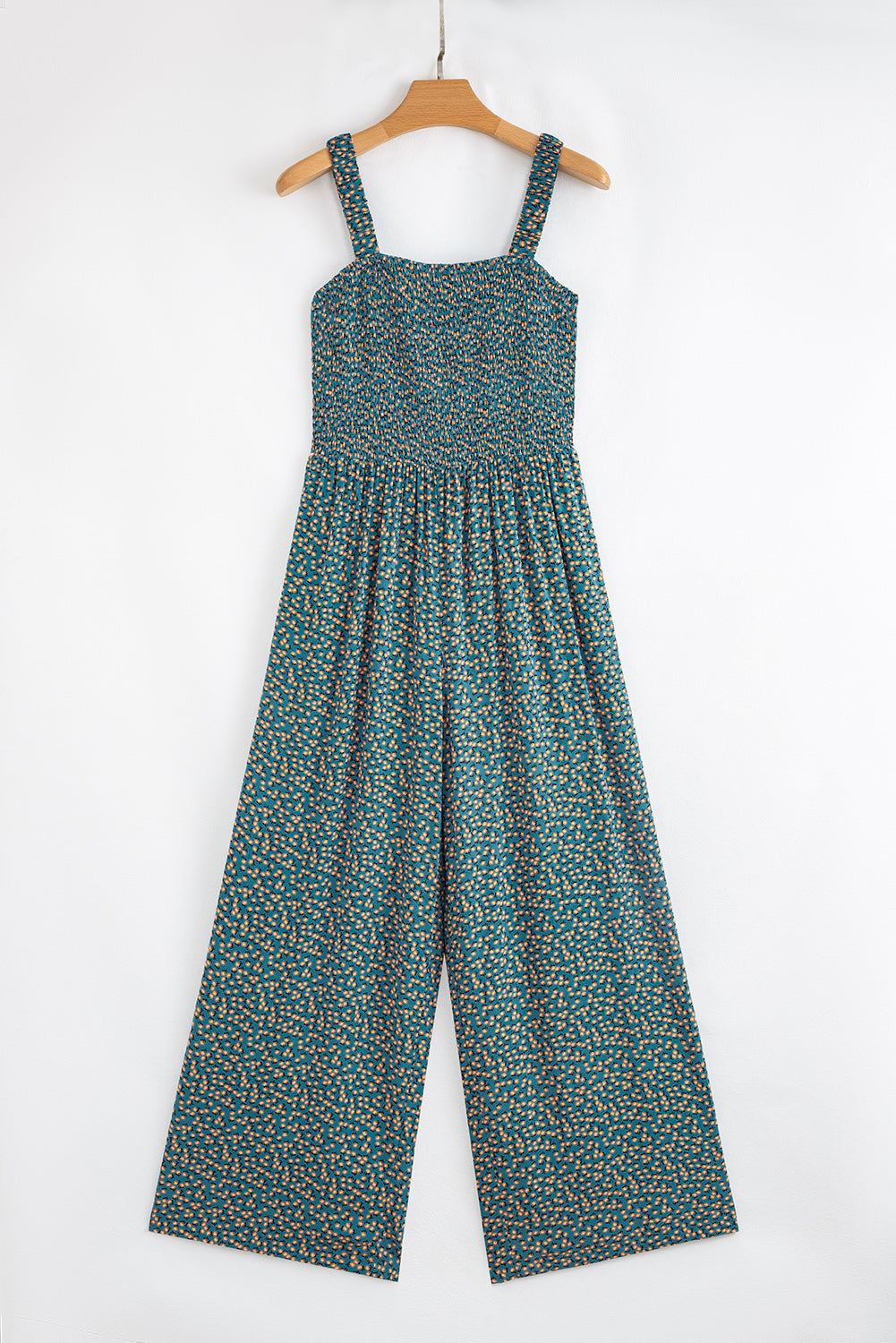 Green Floral Print Smocked High Waist Square Neck Jumpsuit- Women