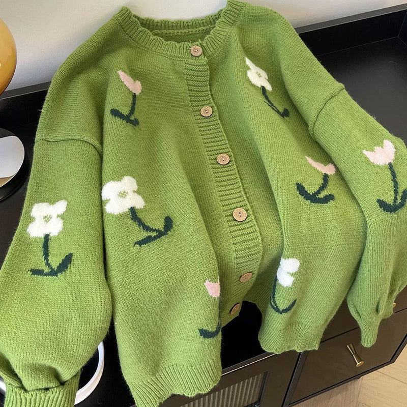 Women's Floral Cardigan Sweater Open Front Long Sleeve Button Down Outerwear Green