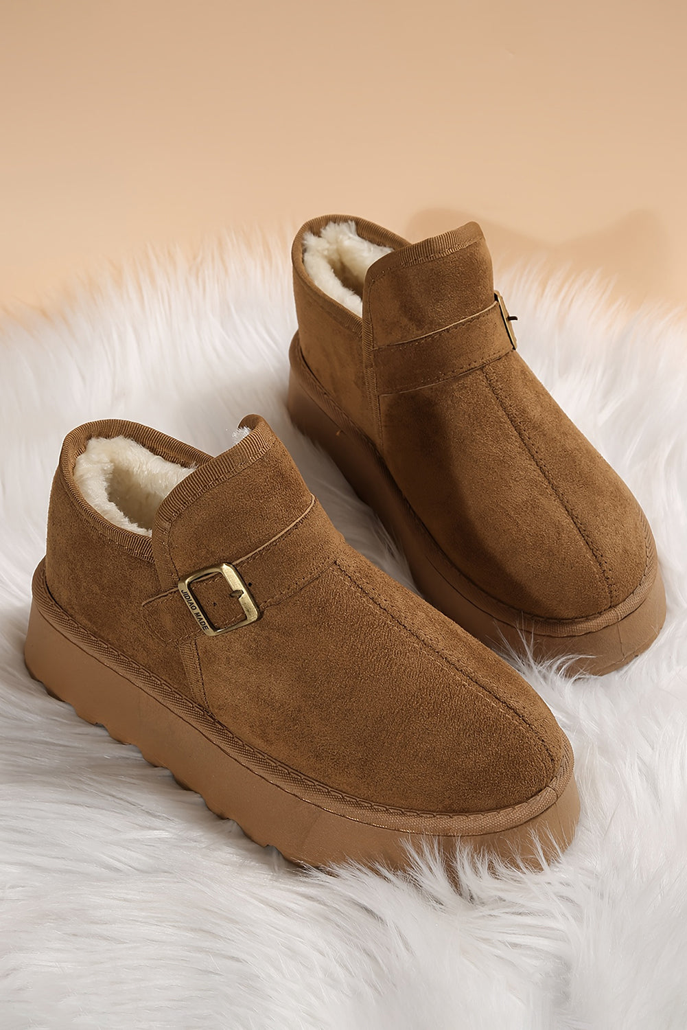 Coffee Buckle Detail Round Toe Platform Cozy Winter Boots- Women