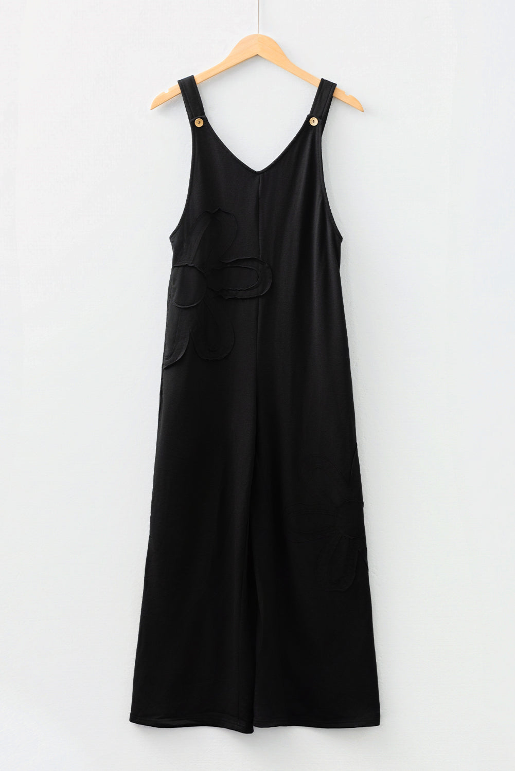 Black Solid Color Raw Seam Big Flower Patched Loose Overall Jumpsuit- Women