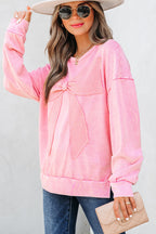Bright Pink Mineral Wash Big Bow Patchwork Pullover Sweatshirt- Women