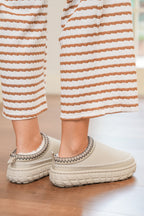 White Contrast Stitch Detail Faux Suede PU Patchwork Plush Winter Clog Slippers- Women