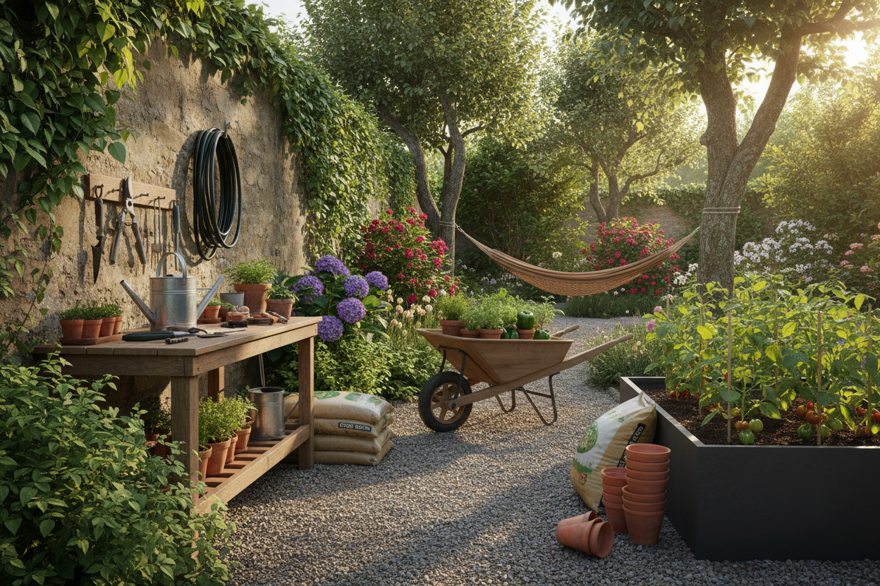 Beautiful garden scene with outdoor tools, lush green plants, gardening equipment, sunny outdoor setting, fresh natural environment, well-maintained garden space, vibrant greenery, peaceful atmosphere