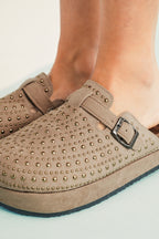 Parchment Rivet Buckle Closed Toe Platform Slippers- Women