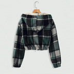 Women's Elegant Plaid Hooded Jacket, Full-Zip Lightweight Coat For Winter Casual Wear