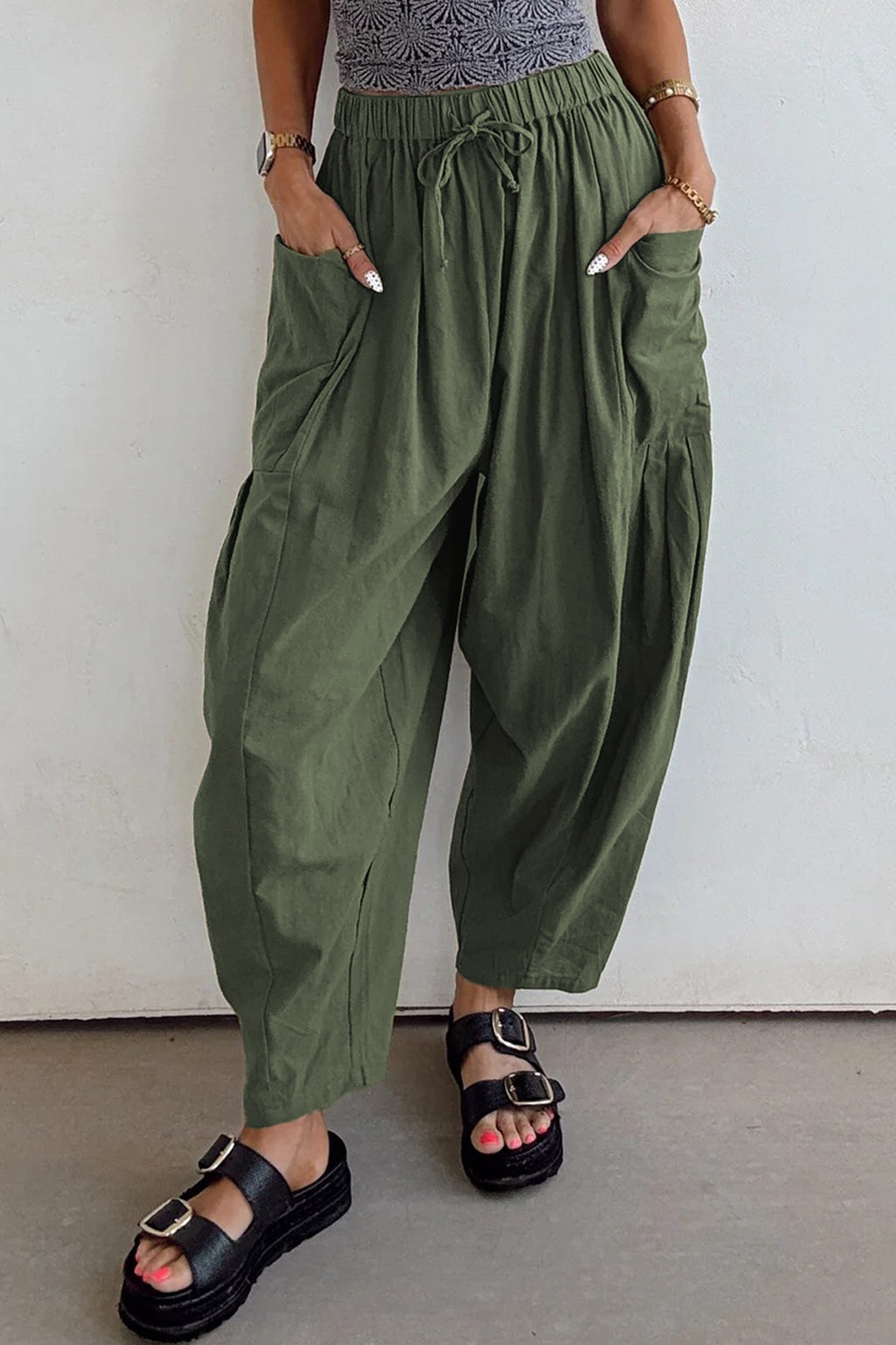 Jungle Green Drawstring Elastic Waist Patch Pocket Barrel Leg Casual Pants- Women