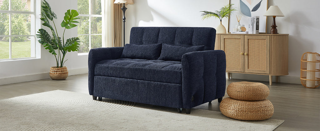 Modern Loveseat Sofa Pull-out Bed with Adjustable Backrest, USB Ports, Lumbar Pillows, Blue Chenille, 52.8'