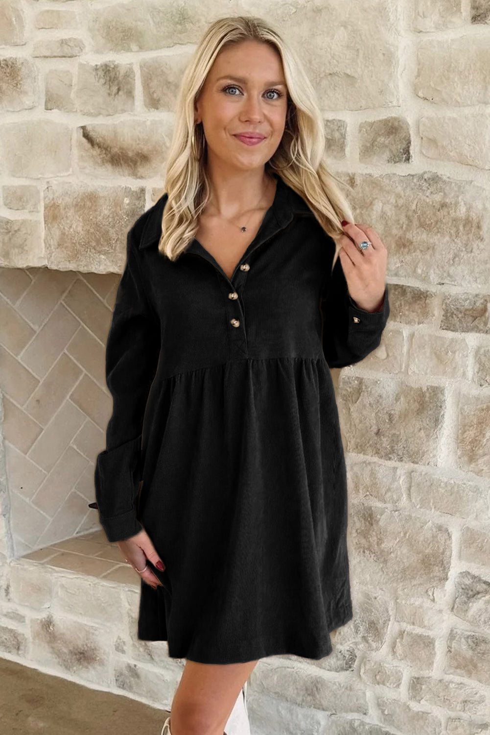 Black Corduroy Half Button Collared Long Sleeve Mini Dress- Women
