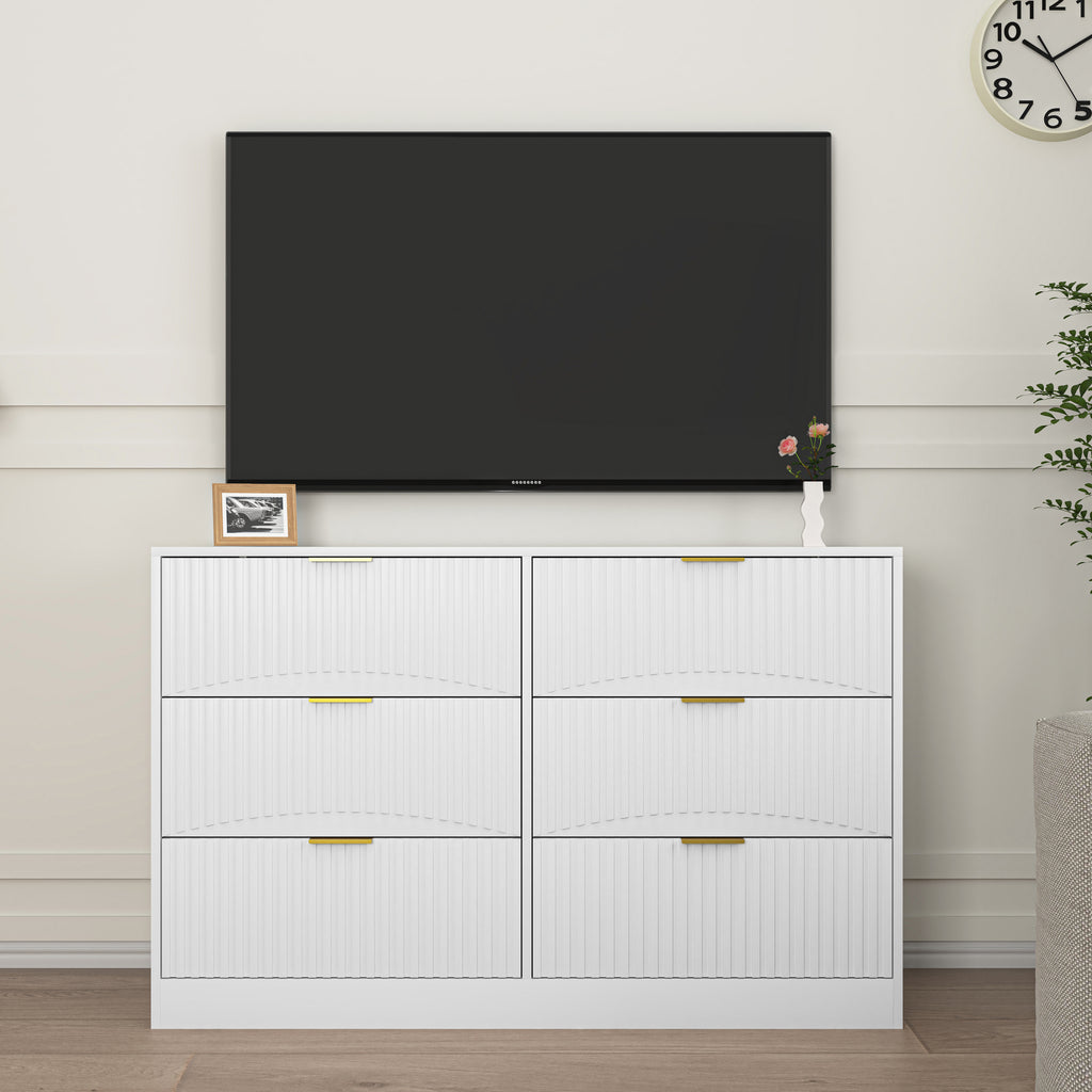Modern 6-Drawer Dresser, Chest of Drawers for Bedroom, Living Room, Hallway, and Entryway - Large Storage Cabinet, White,Drawer panel with wavy patterns