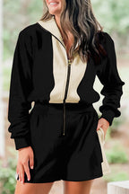 Black Two-tone Long Sleeve Zipped Front Casual Romper- Women Black 50%Polyester+45%Viscose+5%Elastane
