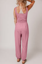 Light Pink Lace-up Elastic Waist Sleeveless Square Neck Jumpsuit- Women