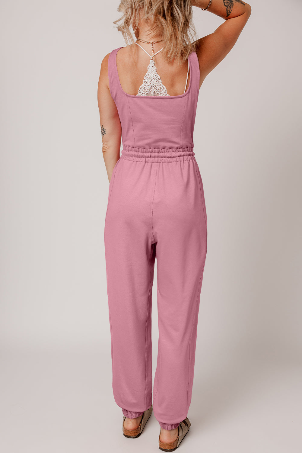 Light Pink Lace-up Elastic Waist Sleeveless Square Neck Jumpsuit- Women
