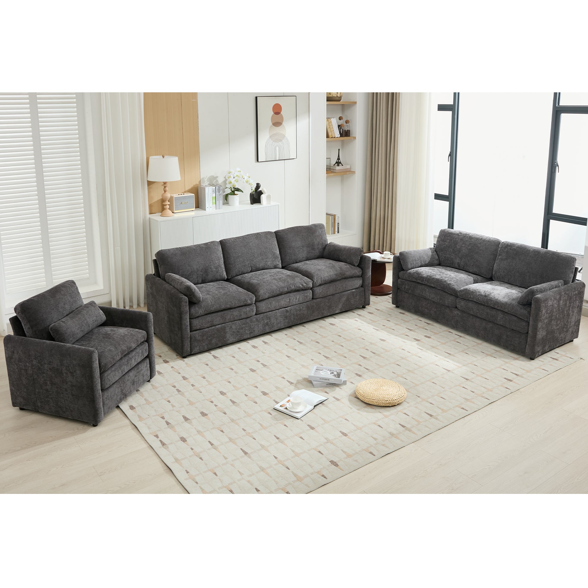 Cozy Upholstered Sofa Set Oversized Comfy Cloud Sofa Double Cushion Sofa Group Plush Cushion Sofa Couch for Living Room, Grey