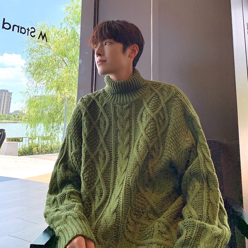 Japanese-style Retro Green Jacquard Turtleneck Men Sweater Green