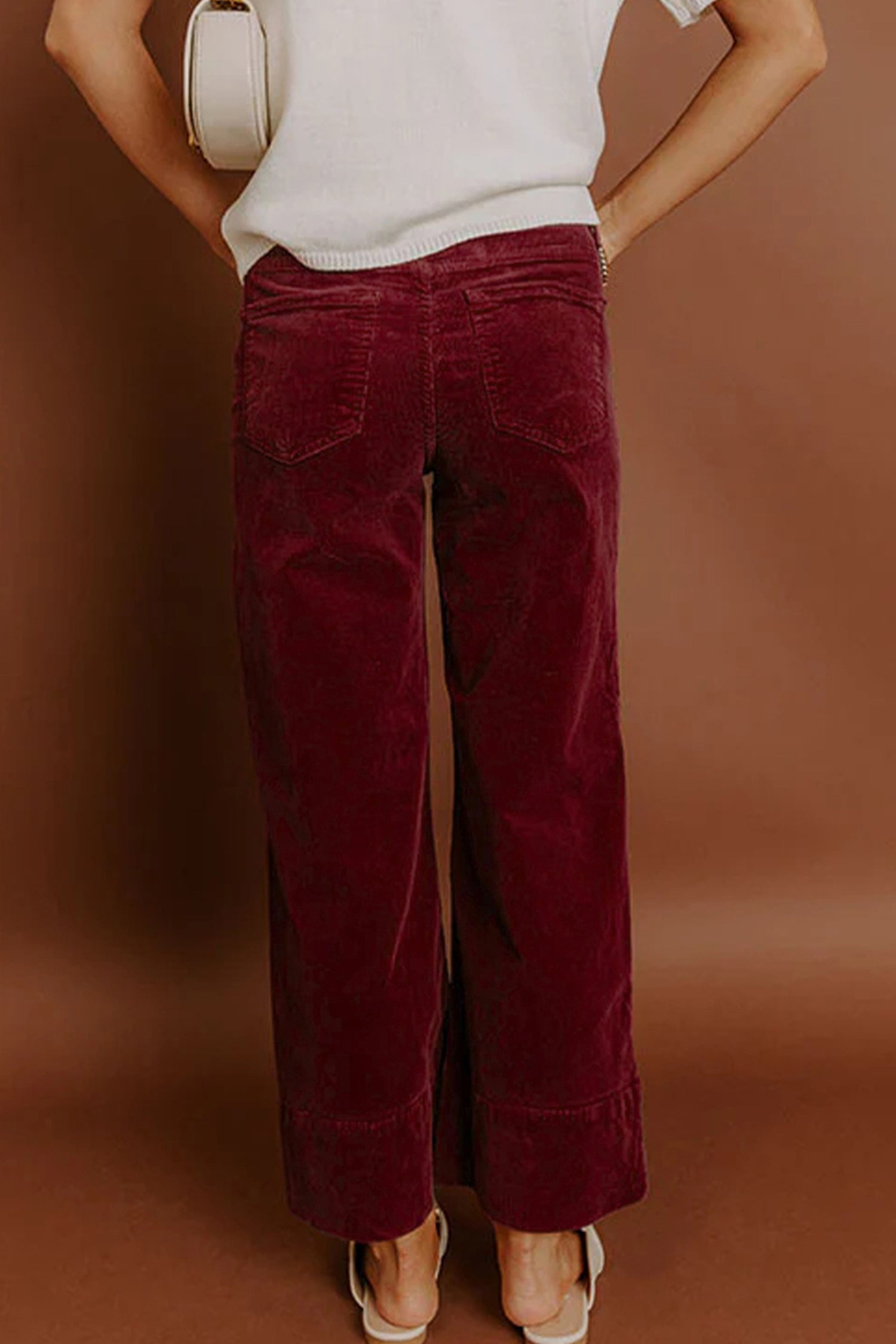 Burgundy Corduroy Solid Color High Waist Wide Leg Pants- Women