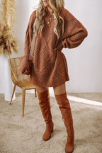 Coffee Cable Knit Drop Shoulder Loose Fit Sweater Dress- Women