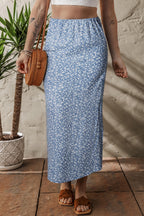 Sky Blue Boho Floral High Waist Long Skirt with Side Split- Women Sky Blue 100%Polyester