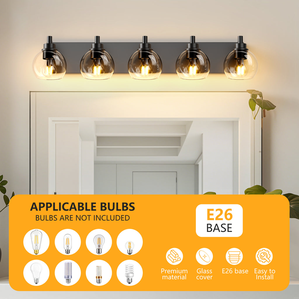 Bathroom Light Fixtures Over Mirror 5-Lights Bathroom Vanity Light with Clear Globe Glass Shade Modern Black Vanity Light Wall Sconce Vanity Lighting for Bath(Bulbs Not Included)