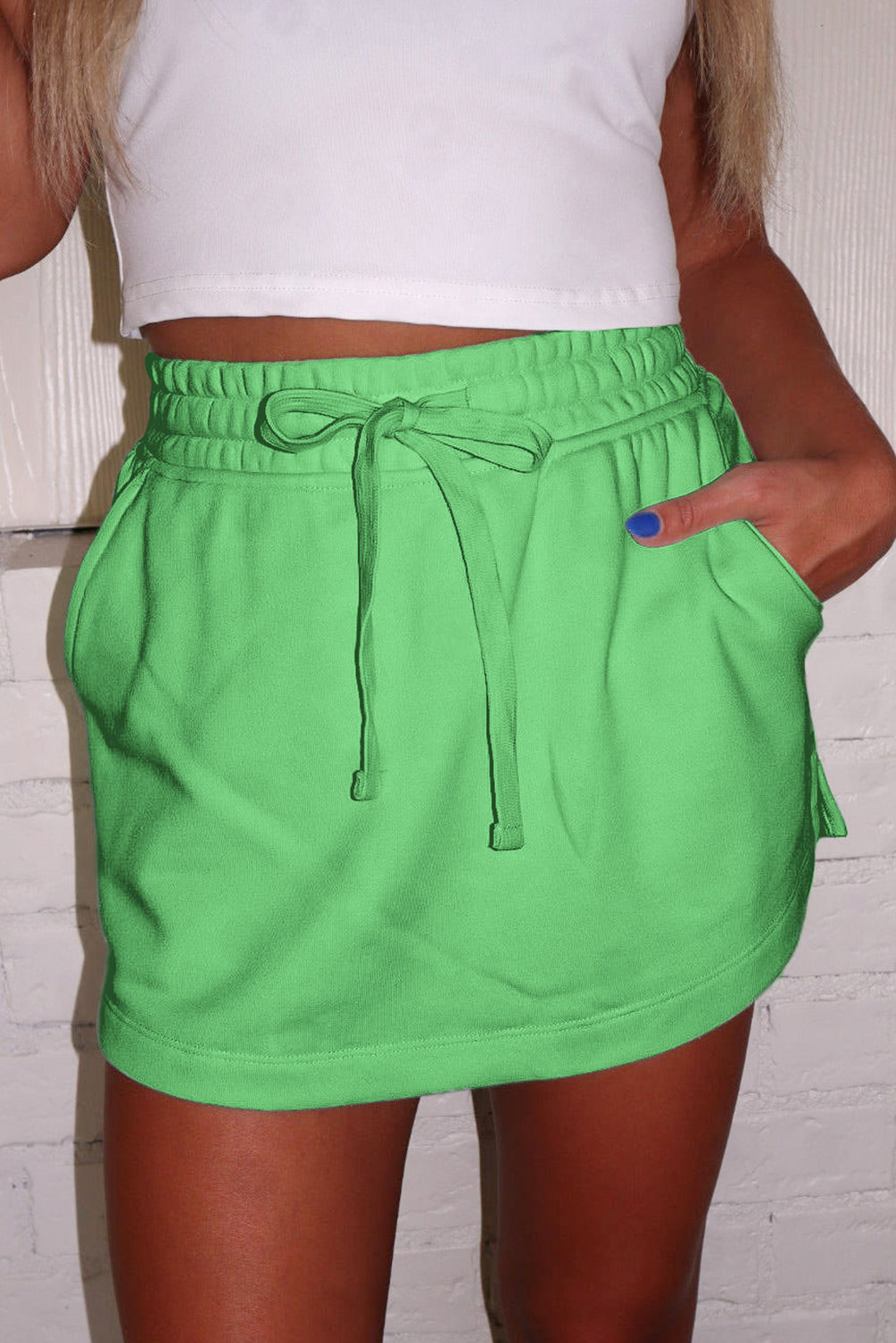 Light Green French Terry Drawstring Elastic Waistband Mini Skort with Pockets- Women