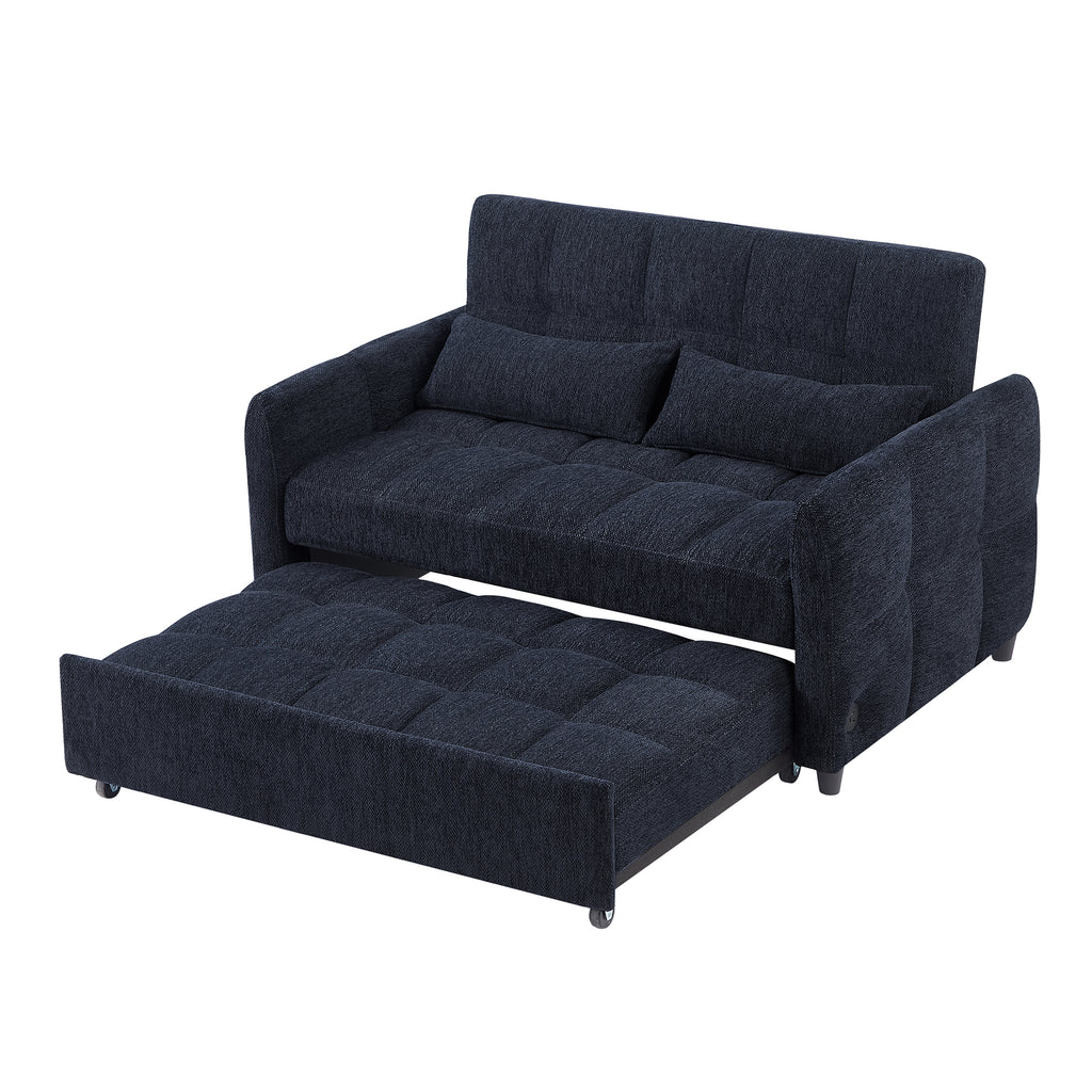 Modern Loveseat Sofa Pull-out Bed with Adjustable Backrest, USB Ports, Lumbar Pillows, Blue Chenille, 52.8'