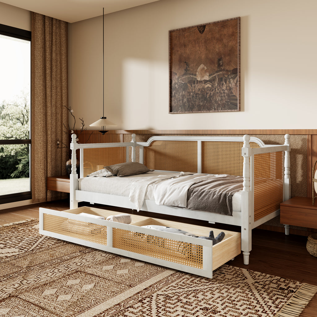 Traditional Style Rattan Twin Size Daybed with 2 Drawers, Antique White, Solid Pine Wood & MDF