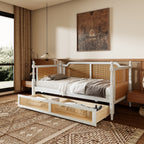 Traditional Style Rattan Twin Size Daybed with 2 Drawers, Antique White, Solid Pine Wood & MDF